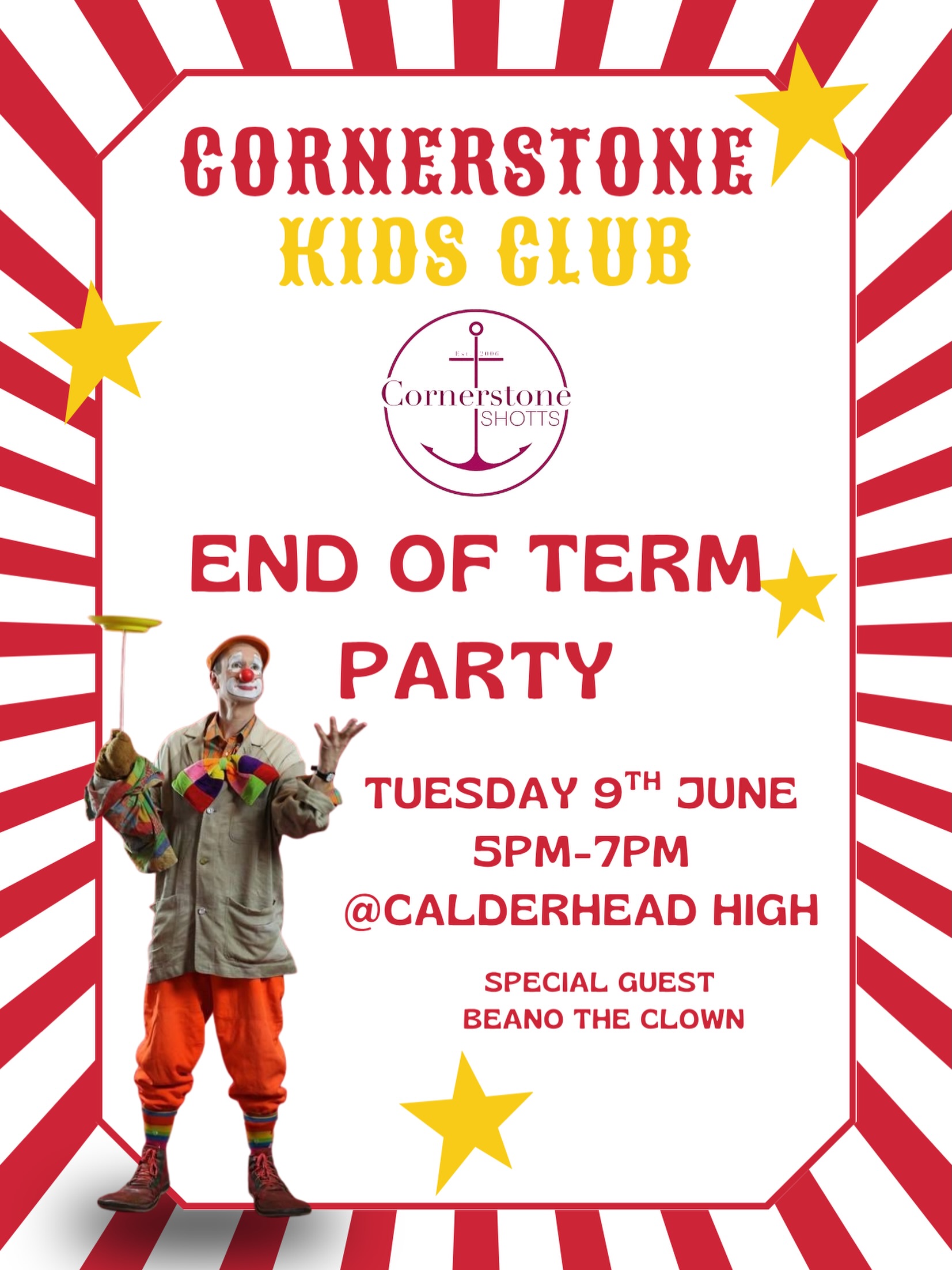 Join us for our final Kids Club before the summer break!

We’re ending the term with a big celebration and a very special guest - Beano the Clown will be joining us for the evening with lots of fun, laughter, and entertainment.

And of course, there will be plenty of pizza too! 🍕

It’s been an amazing year together and we’d love for all our children to come along as we celebrate, have fun, and finish the term in style.

Tuesday
5pm – 7pm

We can’t wait to see everyone for one last night before the summer holidays!