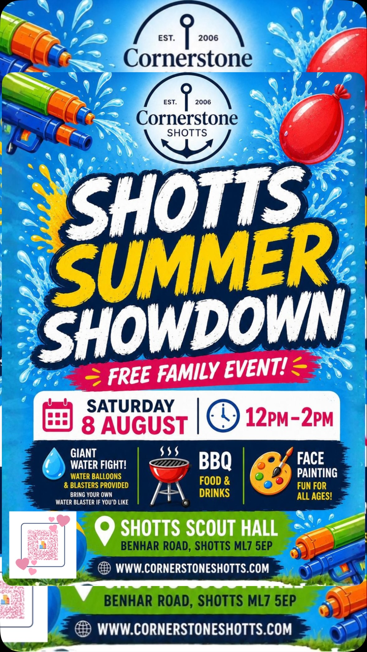 ☀️ Shotts Summer Showdown ☀️

Get ready for an afternoon of fun at our FREE summer outreach event!

💦 Giant water fight
🎨 Face painting
🌭 BBQ
🥤 Fizzy drinks
🎉 Fun for all the family

📍 Shotts Scout Hall, Benhar Road
📅 Saturday 8th August
⏰ 12:00pm to 2:00pm

Everything is completely FREE!

If you’d like, you can bring your own water gun. Please note that you will be solely responsible for it.

Invite your friends, bring the family, and come along for an afternoon packed with fun, laughter, and community.

Spread the word. We can’t wait to see you there!