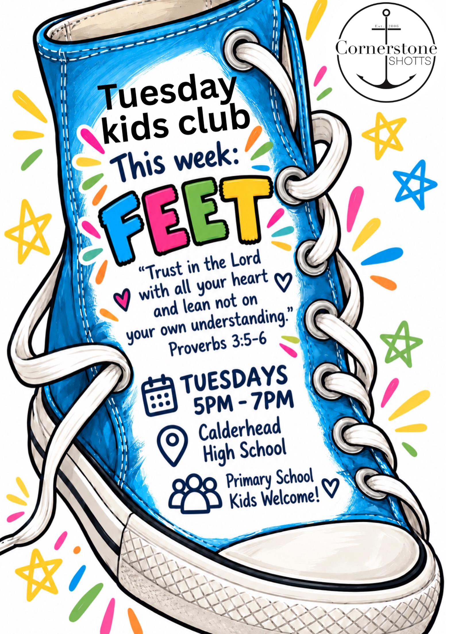 Tonight we’re finishing our journey through the body by looking at our feet and thinking about what it means to trust God with every step we take.

📖 Proverbs 3:5–6

We’ll also be getting creative with some block ink printing 🎨 and for dinner the kids will be making their own sandwiches 🥪

Tonight | 5pm–7pm
Calderhead High School
FREE for primary school kids