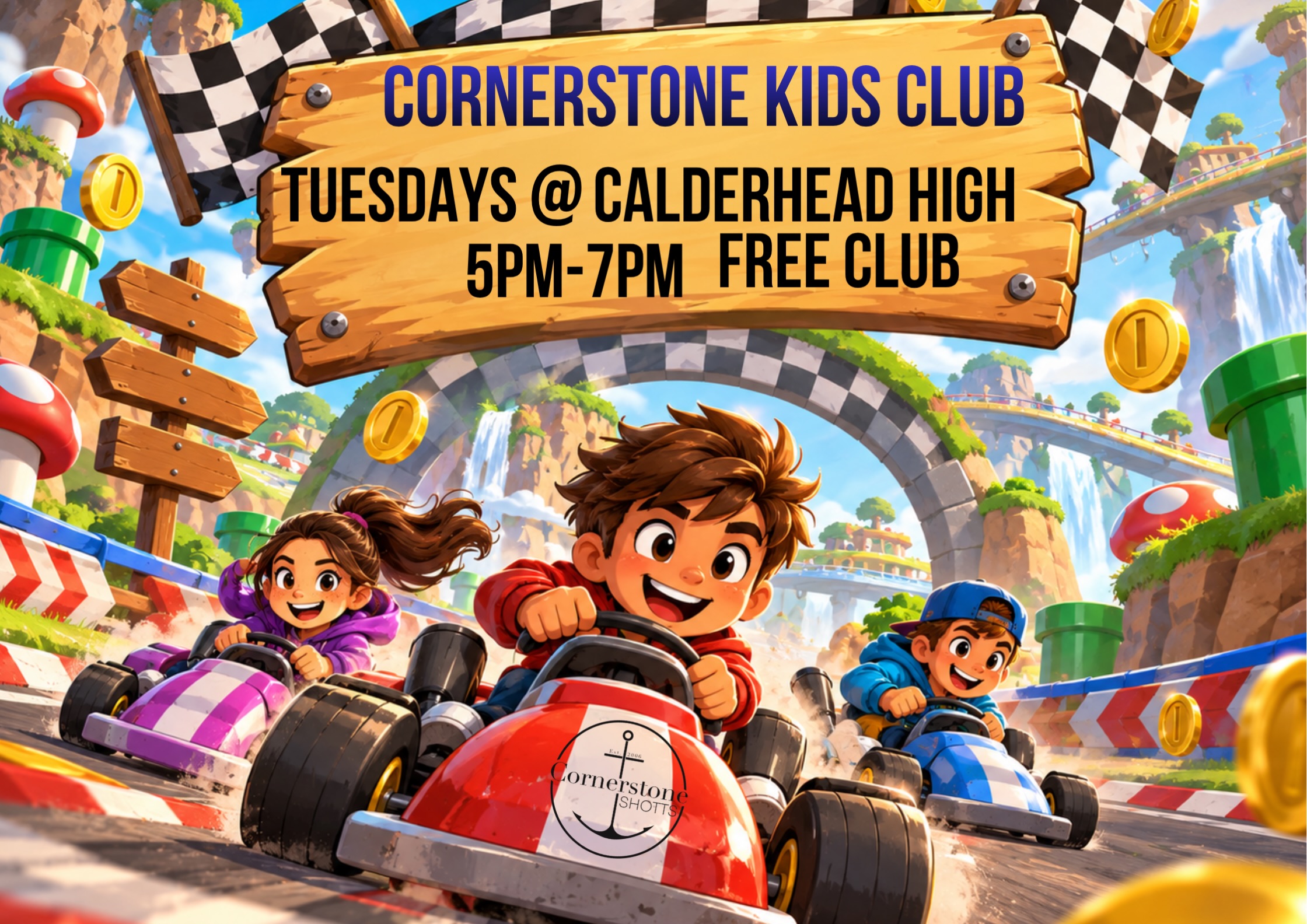 🏎️🍄 READY, SET, GO! KIDS CLUB TONIGHT! 🏁

Tonight we’re back at Cornerstone Kids Club and kicking off our brand new Mario Kart inspired Bible curriculum! 🎮

Over the next few weeks, we’ll be using the world of Mario Kart to explore different Bible lessons and what they teach us about following Jesus.

Expect plenty of games, challenges, Bible teaching and probably a bit of chaos along the way! 😂

And for dinner tonight we’re having NACHOS! 🧀

📍 Calderhead High School ⏰ 5pm to 7pm ❤️ Completely FREE for primary school kids in Shotts and surrounding areas!

We can’t wait to get started! See you tonight! 🏎️💨